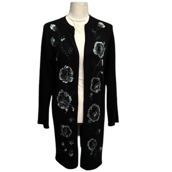 Vintage Victor Costa Occasion Black Long Cardigan with Sequins/Beads Women’s Med - Picture 1 of 13